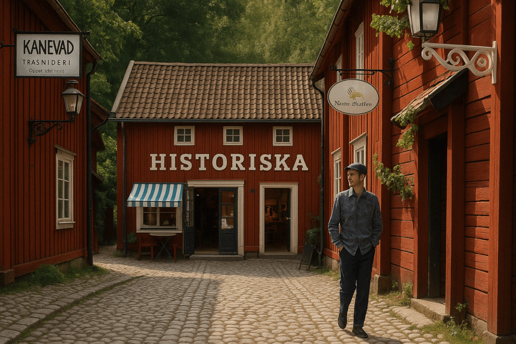 en man i 1900-tals kläder går på en gata i Gamla Linköping